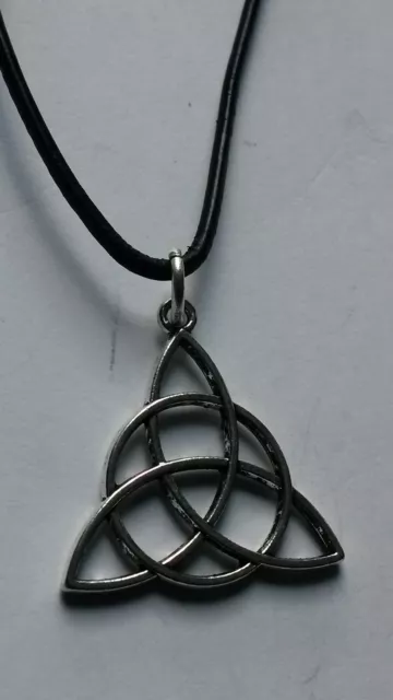 Celtic Triquetra  On Black Pu Leather Cord Sliding Knot Adjustable  Necklace