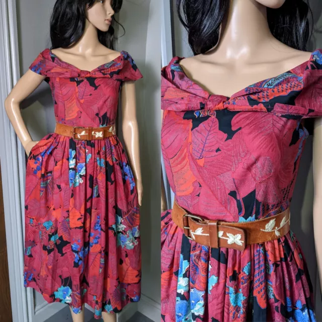 Vintage Vivien Smith Red Cotton Floral Leaf Tea Dress 8 36