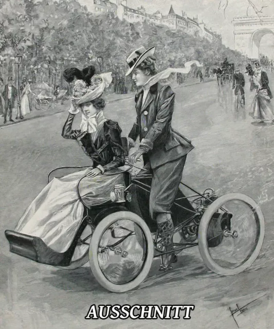 Automobil, Motordroschke - Champs Elysees Paris - Holzstich nach Cucuel um 1899 2