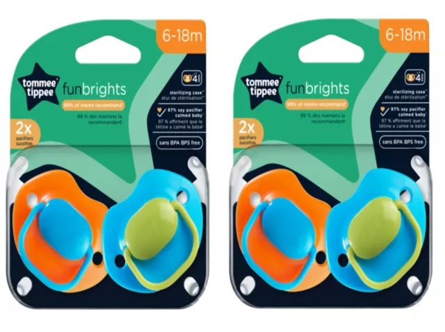 Tommee Tippee FunBrights Pacifiers 6-18m 2-Count Includes Sterilizer Box Lot 2