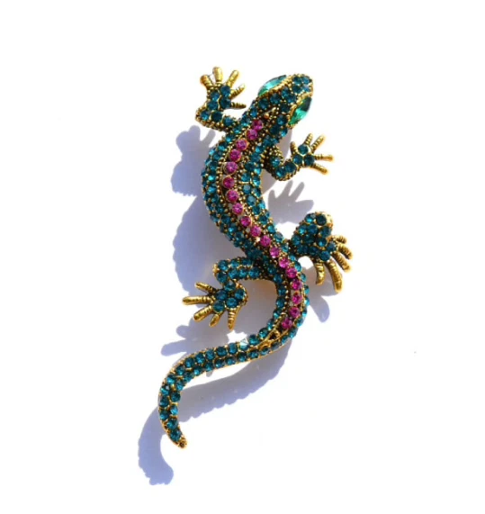 Broche Fantaisie Caméléon Bleu Vert - Bijou élégant Animalier, Cadeau Original Pour Femme
