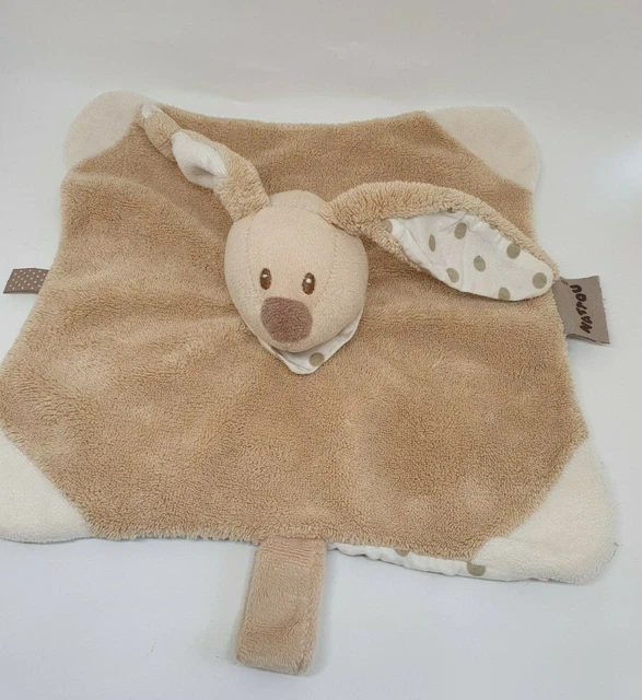 38 - Doudou Plat Lapin Beige Marron Cappuccino Attache Tétine Nattou pois blanc