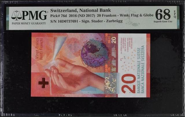 Switzerland 20 Franken 2016 P 76 d Studer & Zurbrugg Superb Gem UNC PMG 68 EPQNR