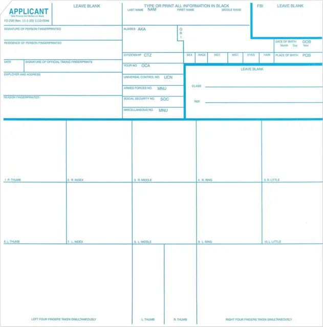 Fingerprint Cards, Applicant FD-258, 5 cards by FBI