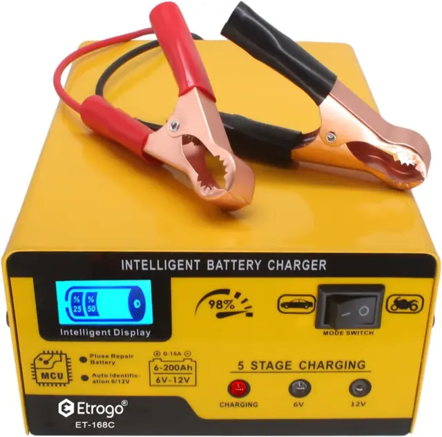Etrogo Chargeur De Batterie 12V 6V 1A-15A Intelligent Entièrement Automatique Ch