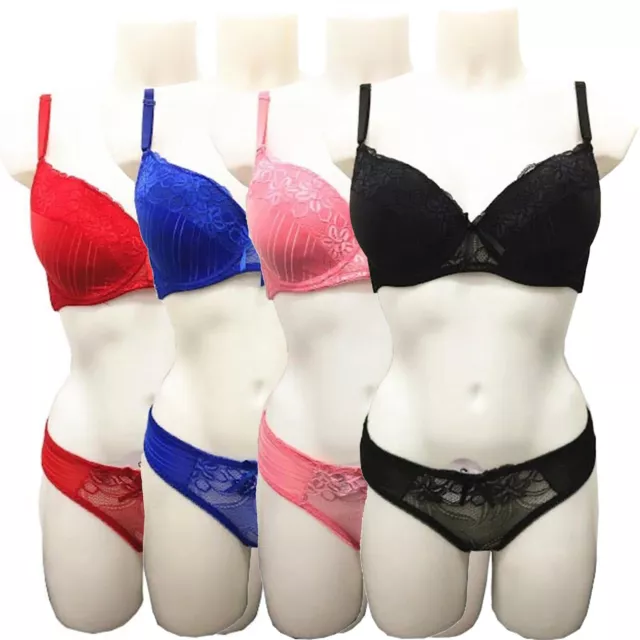 WOMENS PLUNGE PADDED Bra Panties Set Lace Design Lingerie D Cup Size UK 30D-36D  £6.99 - PicClick UK