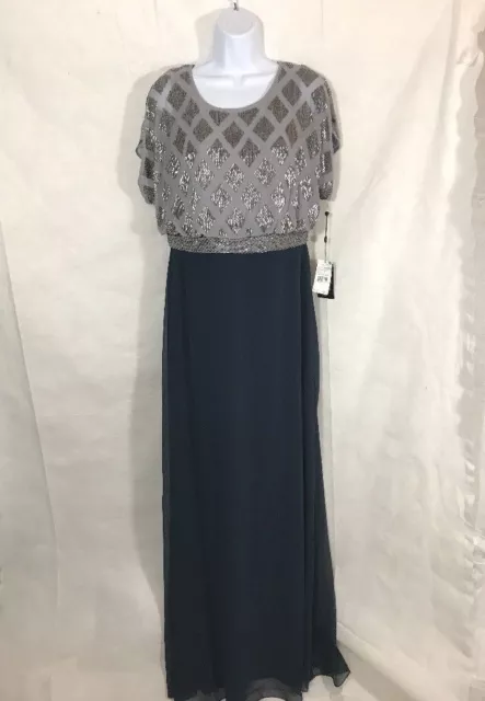 NWT Adrianna Papell Blue Gray Silver Beaded Formal Evening Maxi Long Dress Sz 10