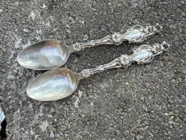 WHITING MANF CO Sterling Silver Pat. 1902 Lily 6 7/8" 2 Dessert/Oval Soup Spoons