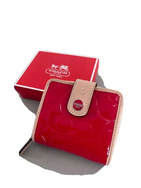 Coach Red Patent Leather Embossed Trifold Wallet New Without Tags