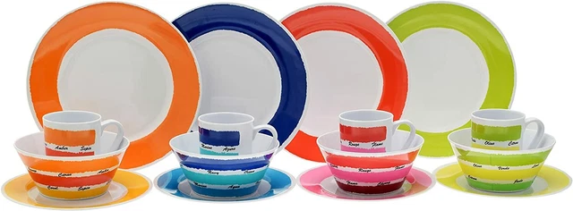 16Pc Melamine Dinner Set Colourful Crockery Camping Picnic Motorhome Tableware