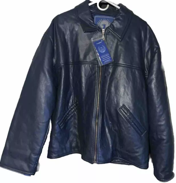 VINTAGE GA ITALIAN Textile Group Blue Leather Motorcycle Jacket Mens ...