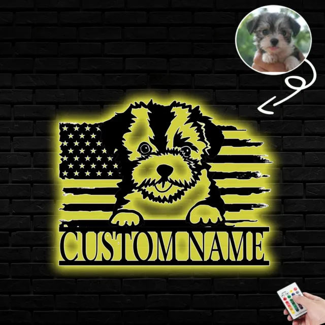 Personalized Hawanese Dog American Flag Metal Sign Led Lights Custom Photo