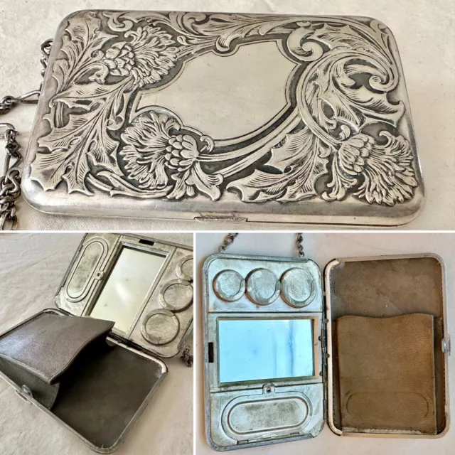 Antique Case Art Nouveau German Silver Coin Purse Wallet Gorgeous Floral Design!