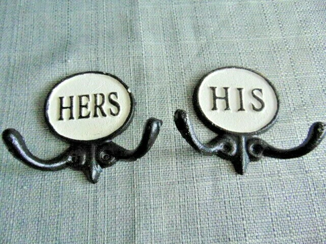 Cast Iron His and Hers Towel Double Hook Set Antique Style Shabby bride groom