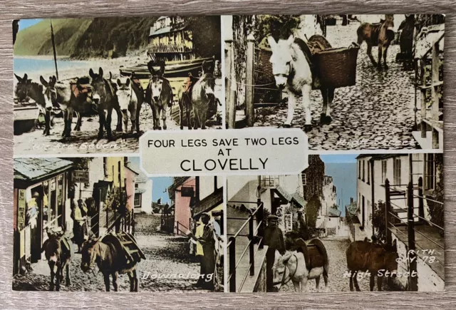 Four Legs Save Two Legs At Clovelly c.1923 Coloured Postcard by Frith - Unused