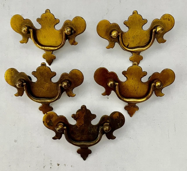 5 Vintage Batwing Chippendale Bat Wing Metal Drop Bail Pull Handle Drawer Brass