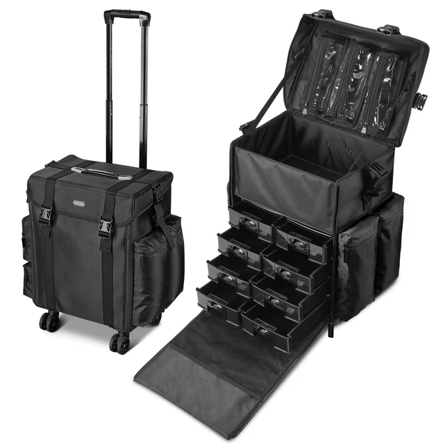 BYOOTIQUE Pro 2in1 Soft Sided Rolling Makeup Trolley Train Case Bag w/Drawer Box