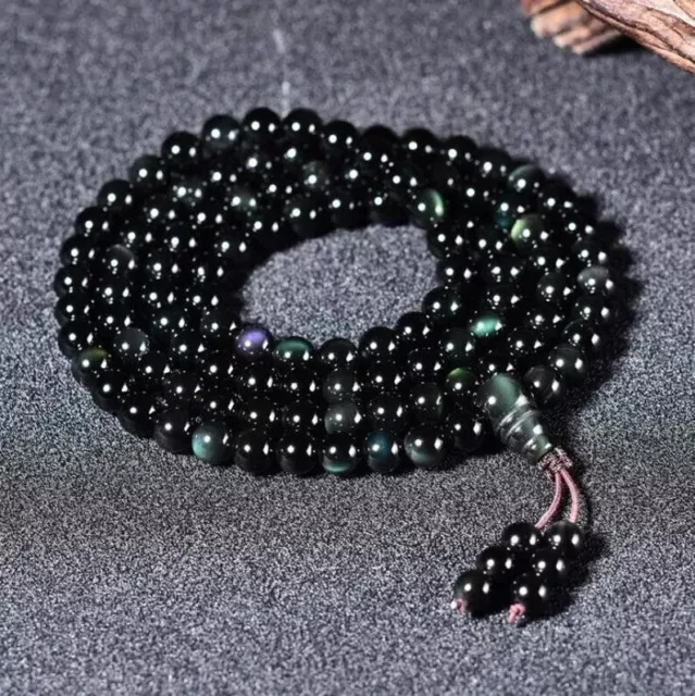 Rainbow Eye Obsidian 108 Mala Beads Prayer Necklace Multilayers Healing Bracelet 3