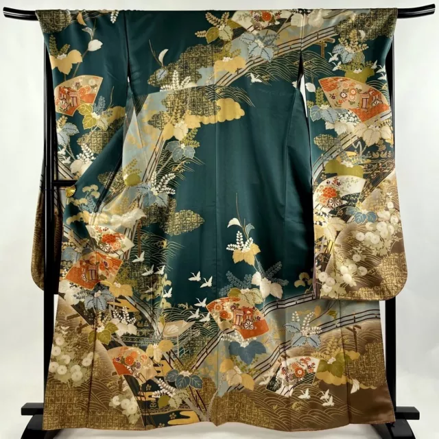 Japanese kimono SILK"FURISODE" long sleeves, Gld thread/leaf, Coach,L5' 5"..3537