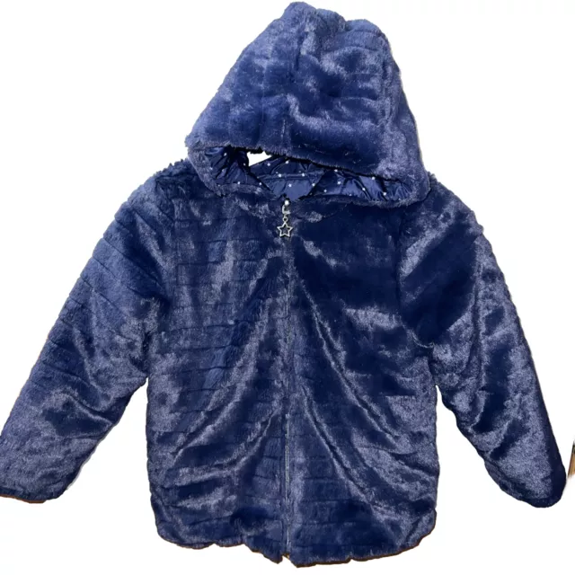 Girls Navy Blue Faux Fur Jacket Age 8 Years Zipper Hooded Teddy Coat Very