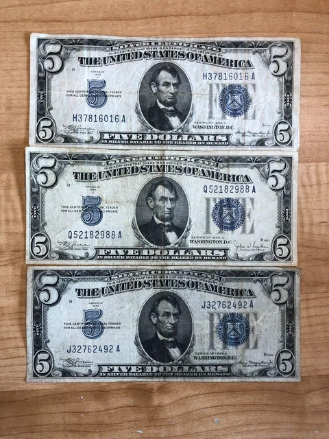 1934 Five Dollar Blue Seal Note Silver Certificate Old US Bill $5 Free Shipping 2