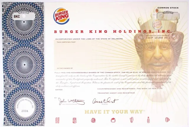 Burger King Holdings, Inc., 2000s Odd Shares Specimen Stock Certificate, VF