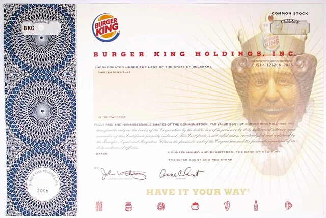 Burger King Holdings, Inc., 2000s Odd Shares Specimen Stock Certificate, VF