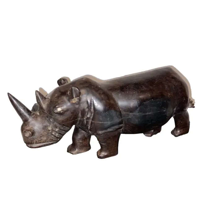 African Hand Carved Wooden Rhinoceros Rhino Solid Wood 11" Vintage
