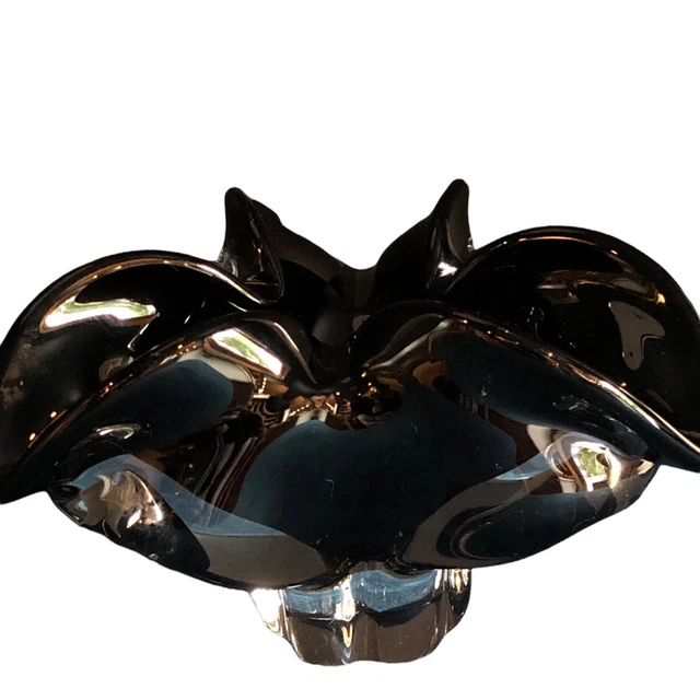 Czech Art Glass Bowl Sculpture Display Piece Black and Clear Bohemian