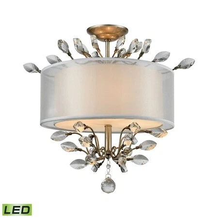 ELK LIGHTING 16281/3-LED Asbury 3-Lght Semi Flsh Slvr w/Organza & Fabric Shade