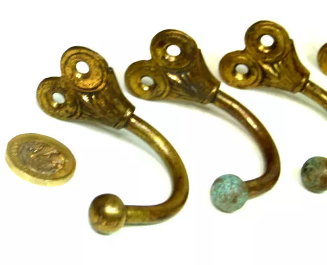 SET X 6 SUPER GILT BRASS ARTS  & CRAFTS/GOTHIC COAT HOOKS 1880s