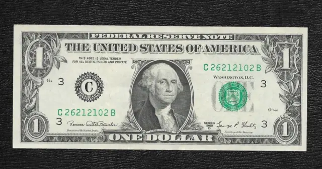 1969 CRISP $1 ONE DOLLAR USA  Federal Reserve Note FANCY SERIAL  # C 26212102 B