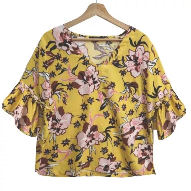 Piper Womens Linen Ladies Blouse top size 14 Yellow Floral Short sleeve Vneck