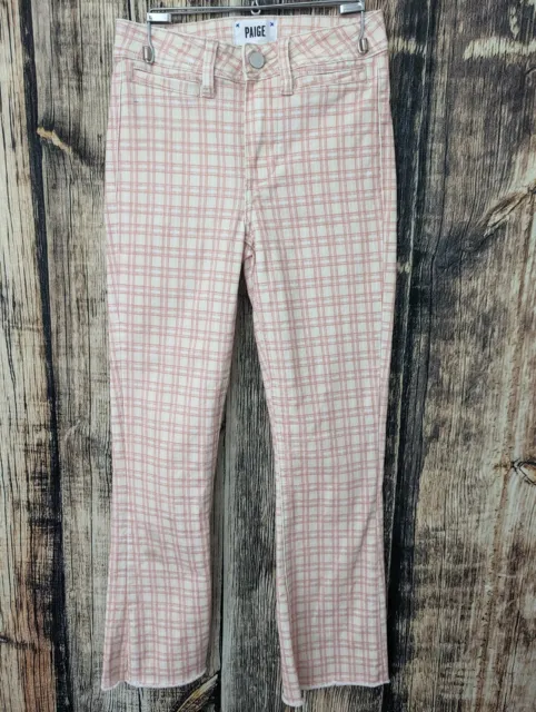 Paige Colette Crop Pants Womens 23x25 Raw Hem Slim Flare Soft Denim Pink Plaid