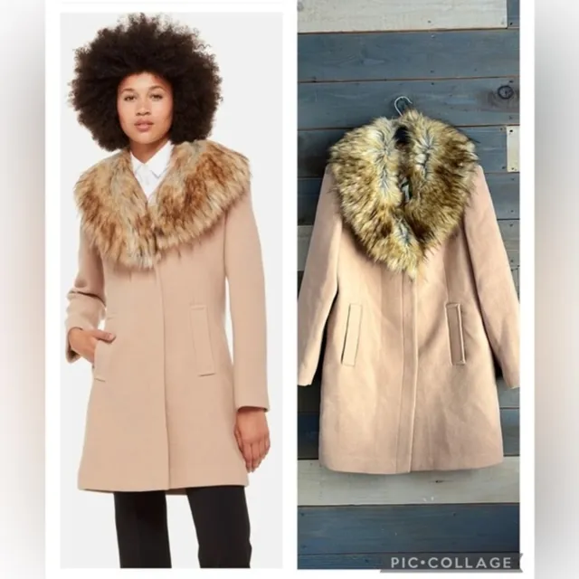NEW Kate Spade New York Faux Fur Collar Wool Coat Camel XL