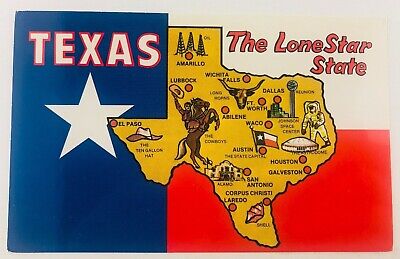 Vintage Texas TX Texas The Lone Star State Map & Flag Postcard 1982