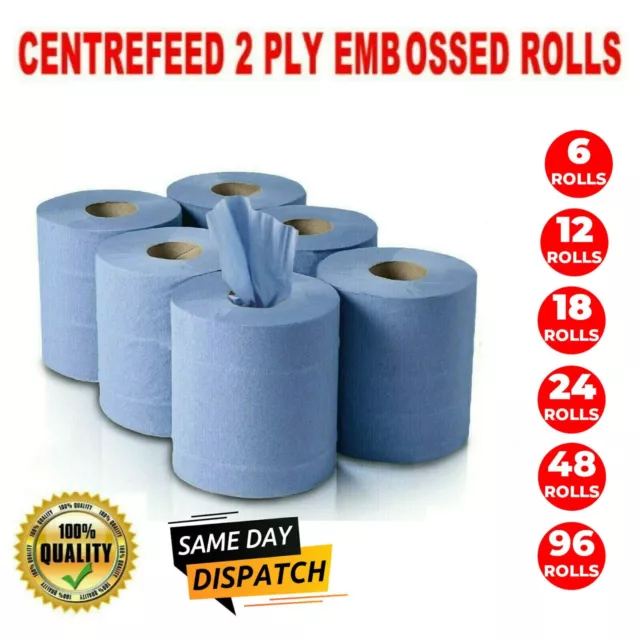 Blue Centrefeed Rolls 2Ply Embossed Kitchen Hand Towels Paper Wipe 60m Blue Roll