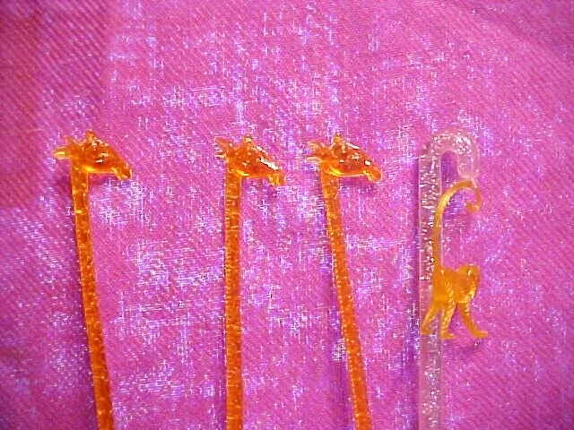 Lot 4 Vintage Swizzle Cocktail Sticks Picks-Figural 3 GIRAFF, I MONKEY 1960's