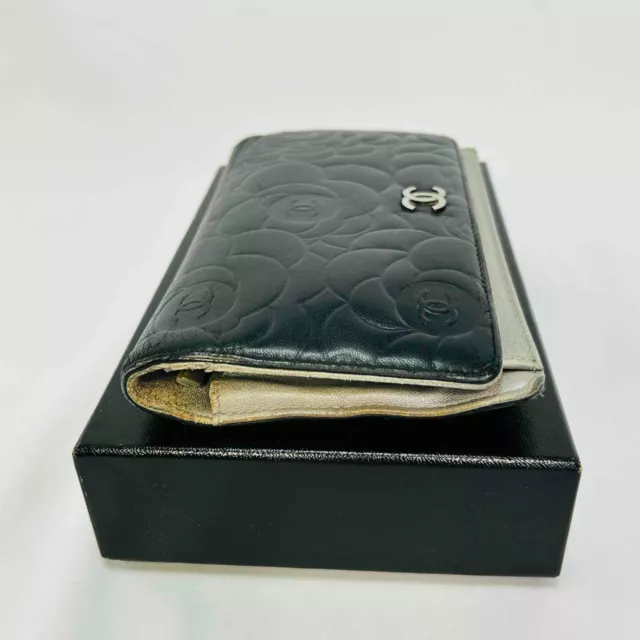 CHANEL CAMELLIA LONG Bifold Wallet Purse Leather Black #302 $149.00 ...