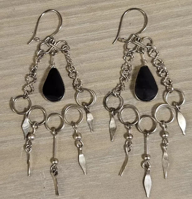 Peruvian Semi-precious Black Onyx Earrings Alpaca Silver Handmade Peru