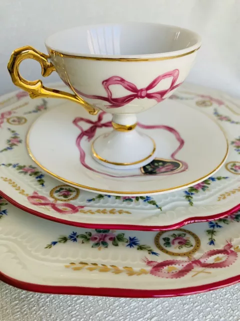 Limoges France Cup Saucer Plates Pink Bows Gold Ribbons