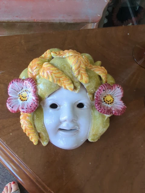 Vintage Italian Majolica Art Pottery Bacchus Cherub Face Mask Hand Painted