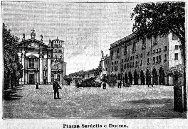 Mantova: Piazza Sordello e Duomo. Stampa antica di 130 anni + passepartout. 1890