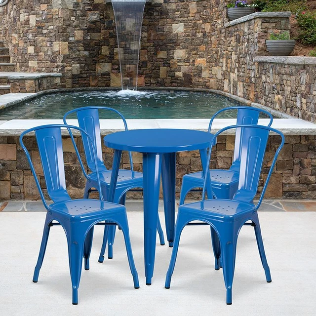 DuCommercial Grade 24" Round Blue Metal Indoor/Outdoor Table Set w/4 Cafe Chairs