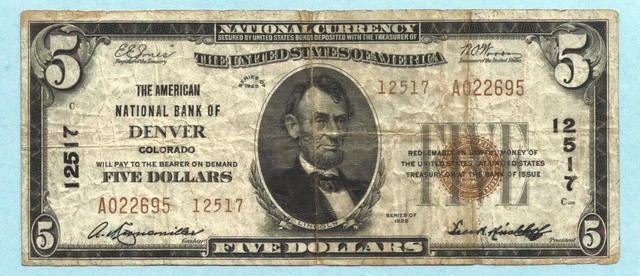$5 National Currency 1929 - Type 2 - Ch#12517 - American NB, Denver, CO - VF