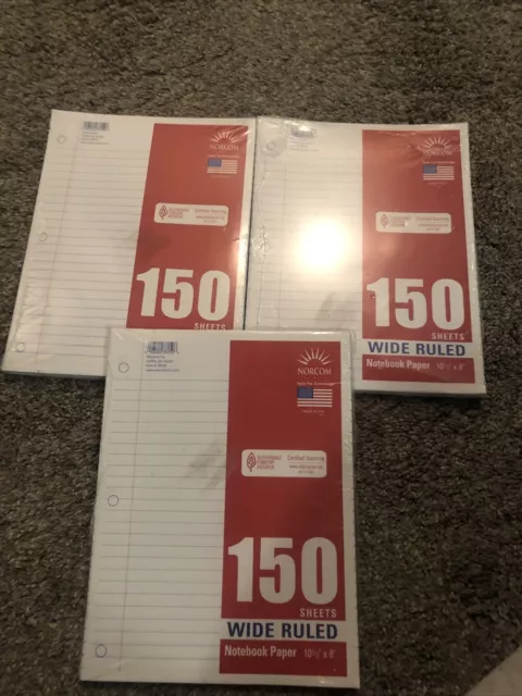 3 Pack NORCOM Wide Ruled Notebook Filler Paper 150 Sheets 10.5" x 8"