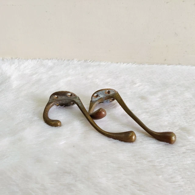 1920s Vintage Brass Wall Hooks Hanger Pair Rich Patina Decorative Collectible 3