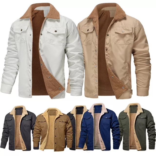 Winter Coat Fleece Cargo Jacket 4 Pockets Lapel Collar Trucker Cotton Work Men