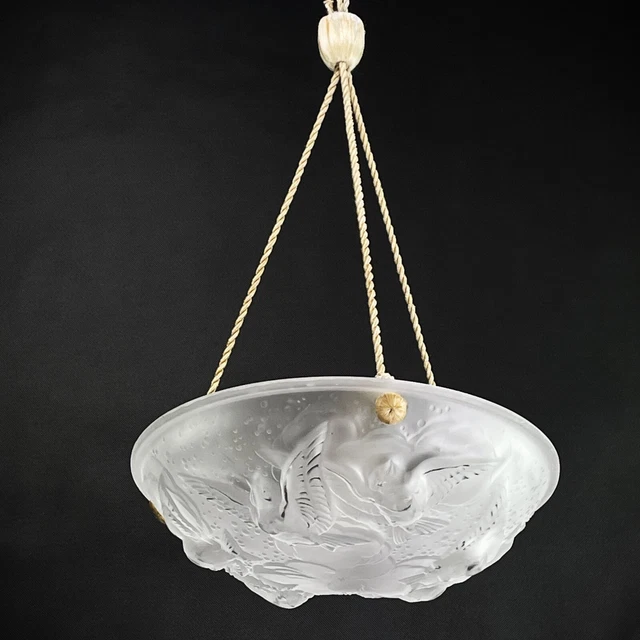 1 From 2 Art Deco Hanging Lamp Muller Freres Lunéville Glass Bowl Bird Motifs 3