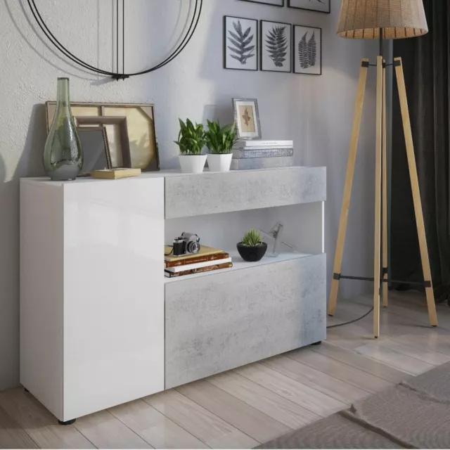 Credenza moderna mobile madia bianco/cement grigio 2 ante salotto soggiorno sala